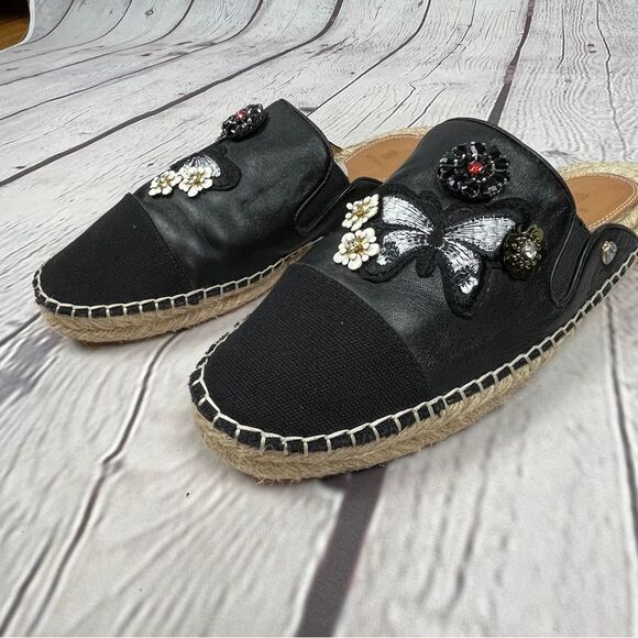 BILL BLASS Wallis black floral & butterfly embellished espadrille mules, size 9 - Picture 5 of 13